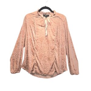 GNW Blush Burnout Velvet Stretch Top Ruffled Keyhole Tie Neck Size Med Feminine